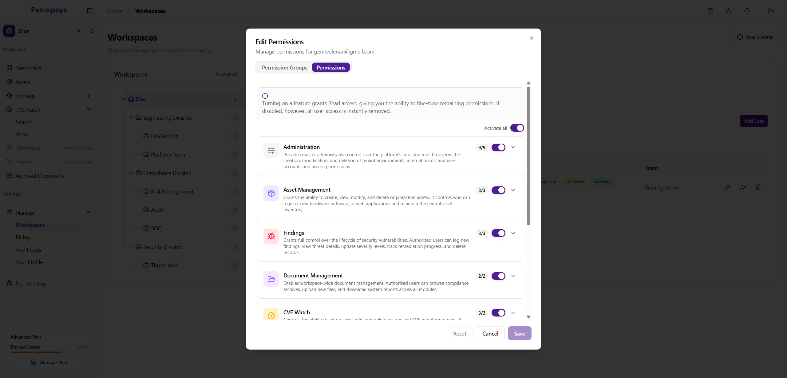 Gestion des accès basée sur les rôles de Panopsys
